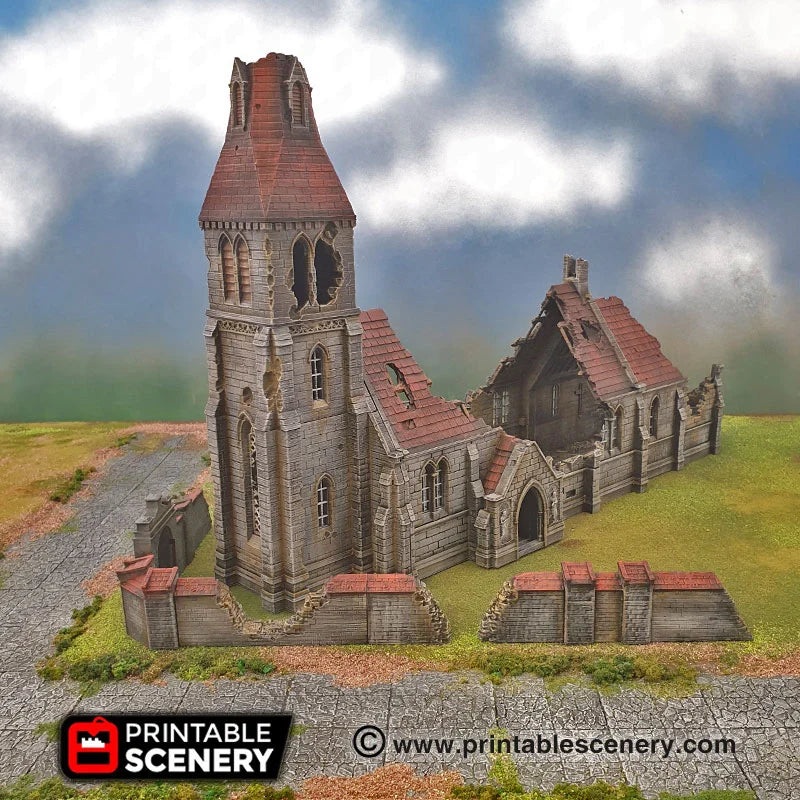 Ruined Medieval Normandy Church | 1/32 (54mm)–1/56 (28mm) Diorama Terrain