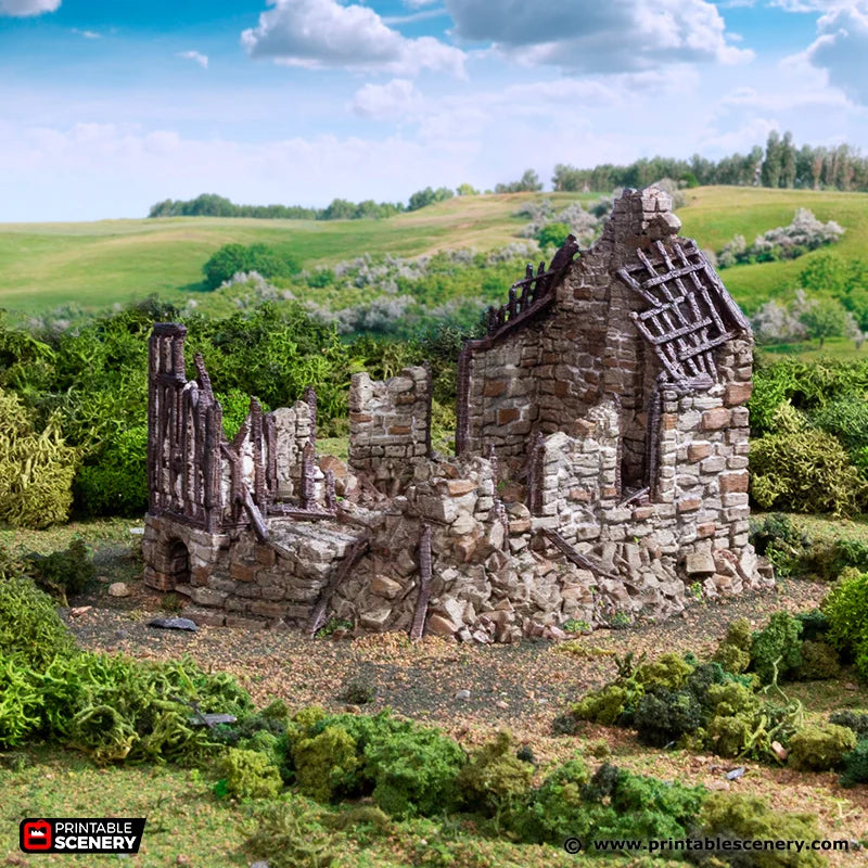 Ruined European Cottage #5 | 1/32 (54mm)–1/56 (28mm) Diorama Terrain
