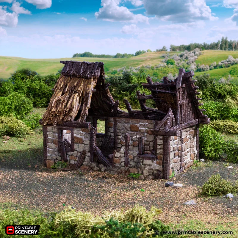 Ruined Norman Stone Barn | 1/32 (54mm)–1/56 (28mm) Diorama Terrain